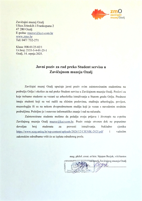 Javni poziv za rad preko Student servisa u Zavičajnom muzeju Ozalj
